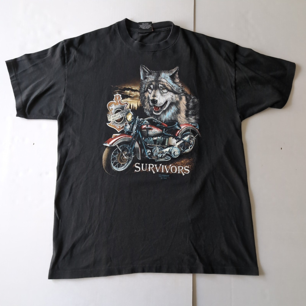 VTG 1989 3D Emblem Harley Davidson T Shirt XL Single Stitch 80s‎ Survivors Wolf